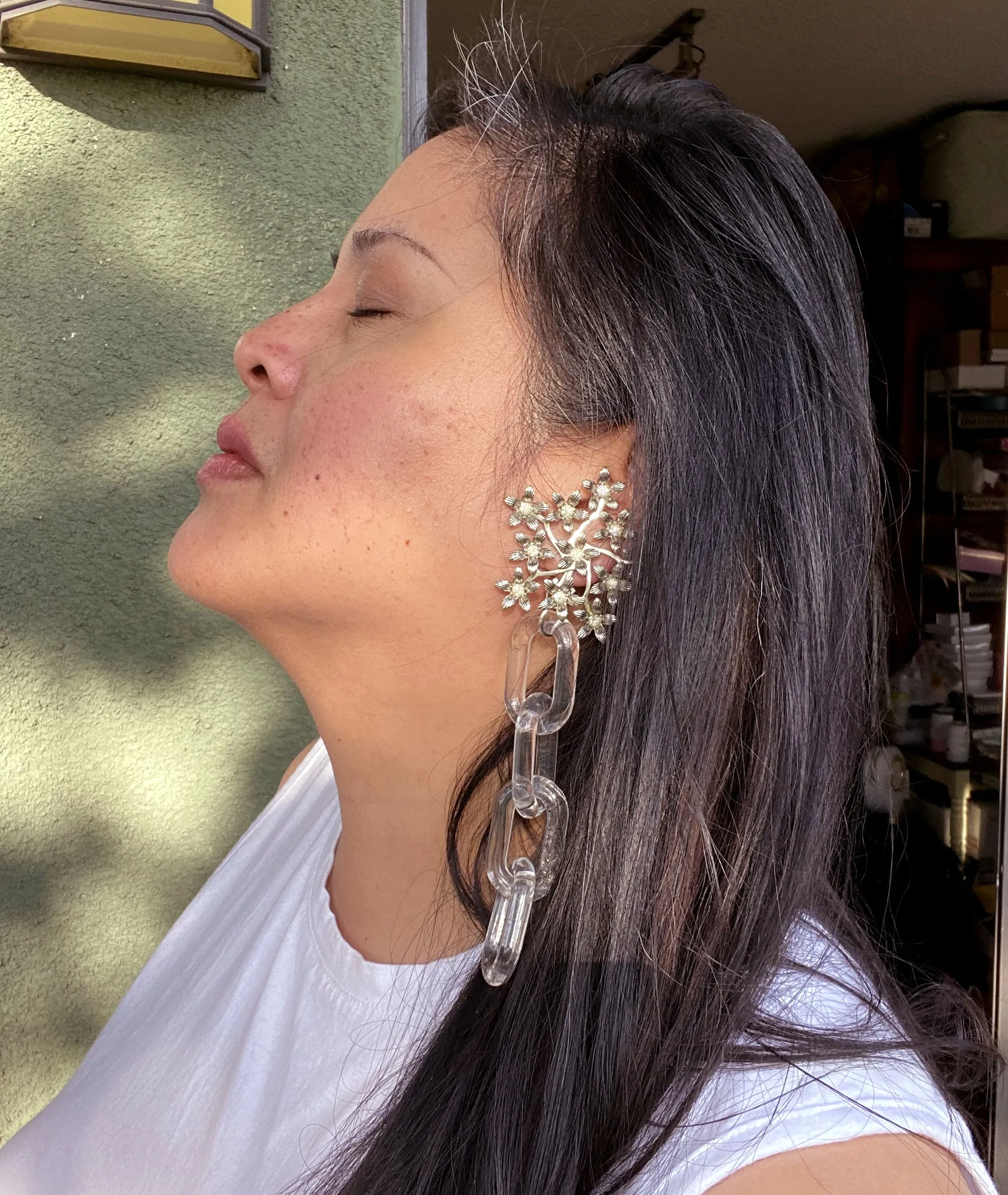 Silver flower and clear chain earrings