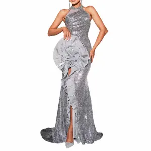 Silver Sequin Prom Dress Flower Embellished Halter High Split Event Dress