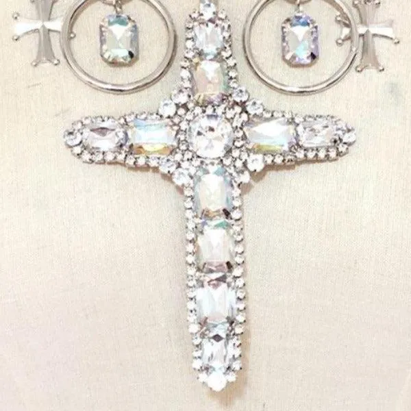 Stone Embellished Cross Pendant Statement Necklace & Earrings