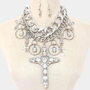 Stone Embellished Cross Pendant Statement Necklace & Earrings