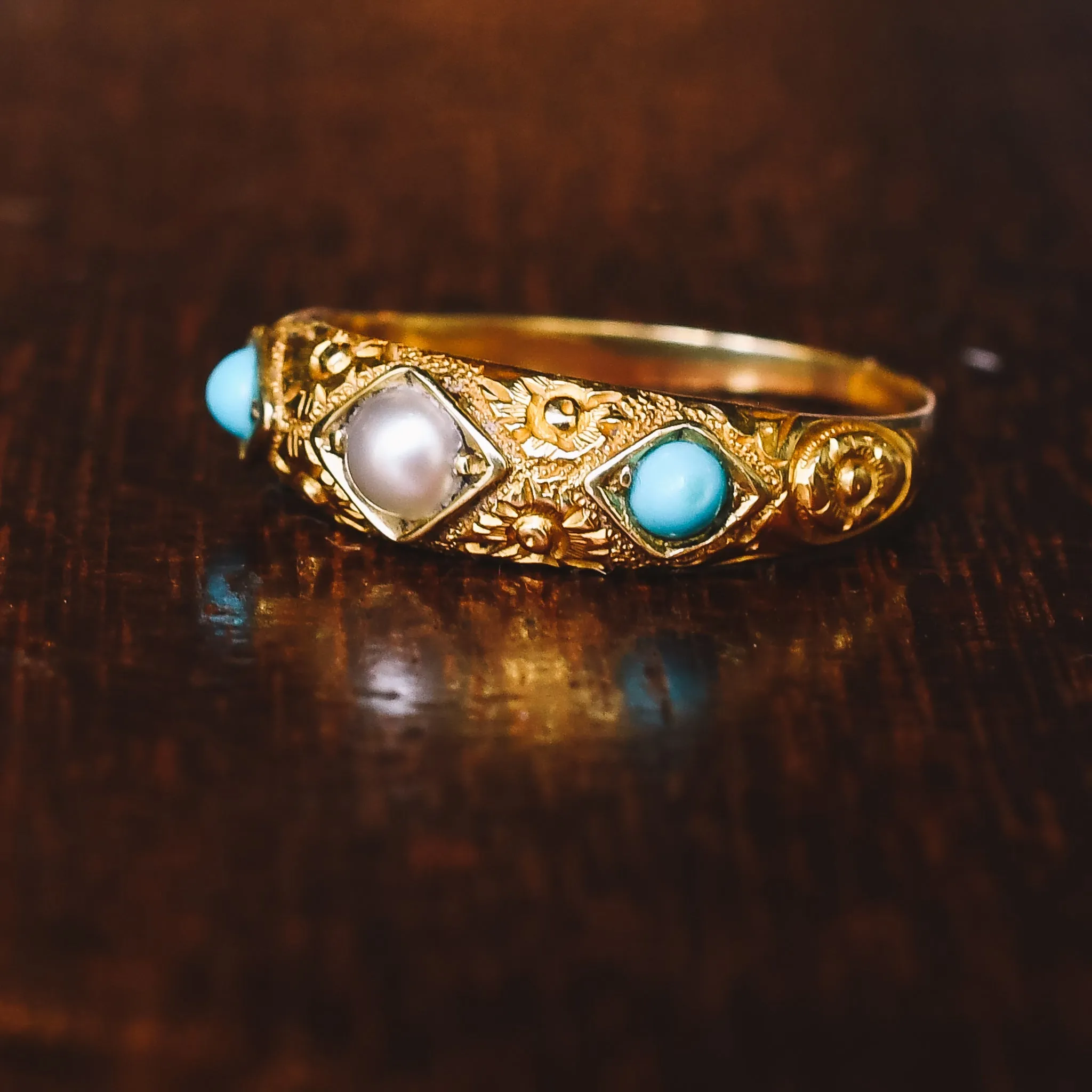Victorian Pearl & Turquoise Floral Engraved Band