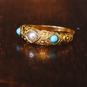 Victorian Pearl & Turquoise Floral Engraved Band