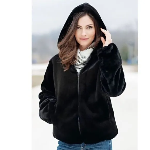 Vintage 70s Faux Fur Coat Brown Hood Full Oversized Jacket Bubble Sleeve Loeve M
