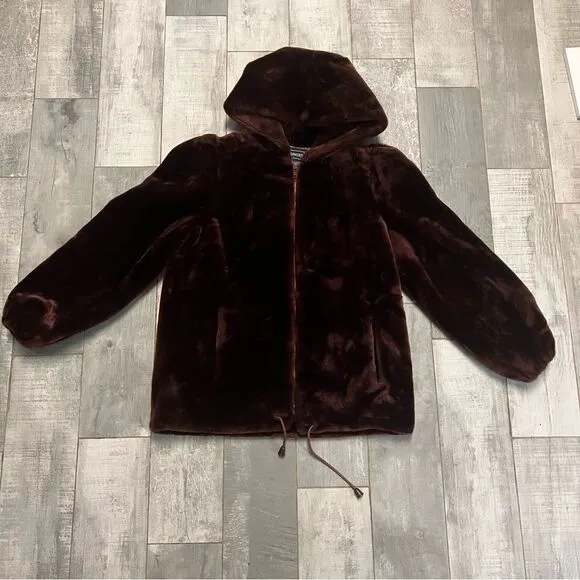 Vintage 70s Faux Fur Coat Brown Hood Full Oversized Jacket Bubble Sleeve Loeve M