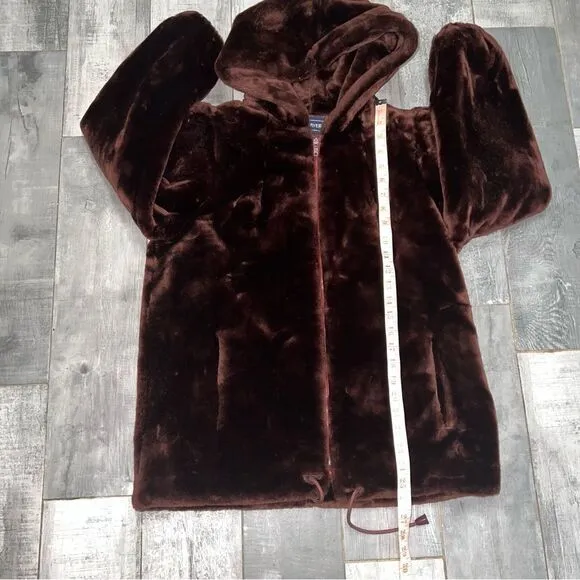 Vintage 70s Faux Fur Coat Brown Hood Full Oversized Jacket Bubble Sleeve Loeve M