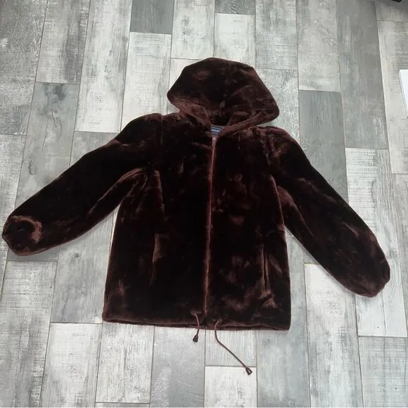 Vintage 70s Faux Fur Coat Brown Hood Full Oversized Jacket Bubble Sleeve Loeve M