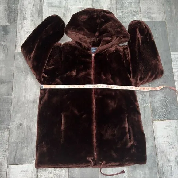 Vintage 70s Faux Fur Coat Brown Hood Full Oversized Jacket Bubble Sleeve Loeve M