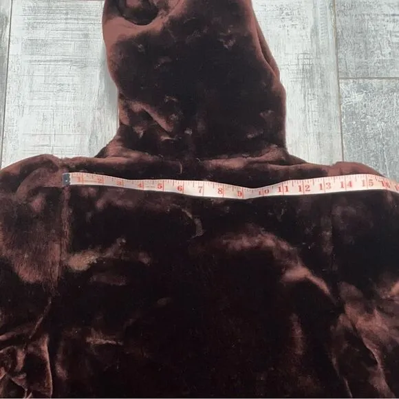 Vintage 70s Faux Fur Coat Brown Hood Full Oversized Jacket Bubble Sleeve Loeve M