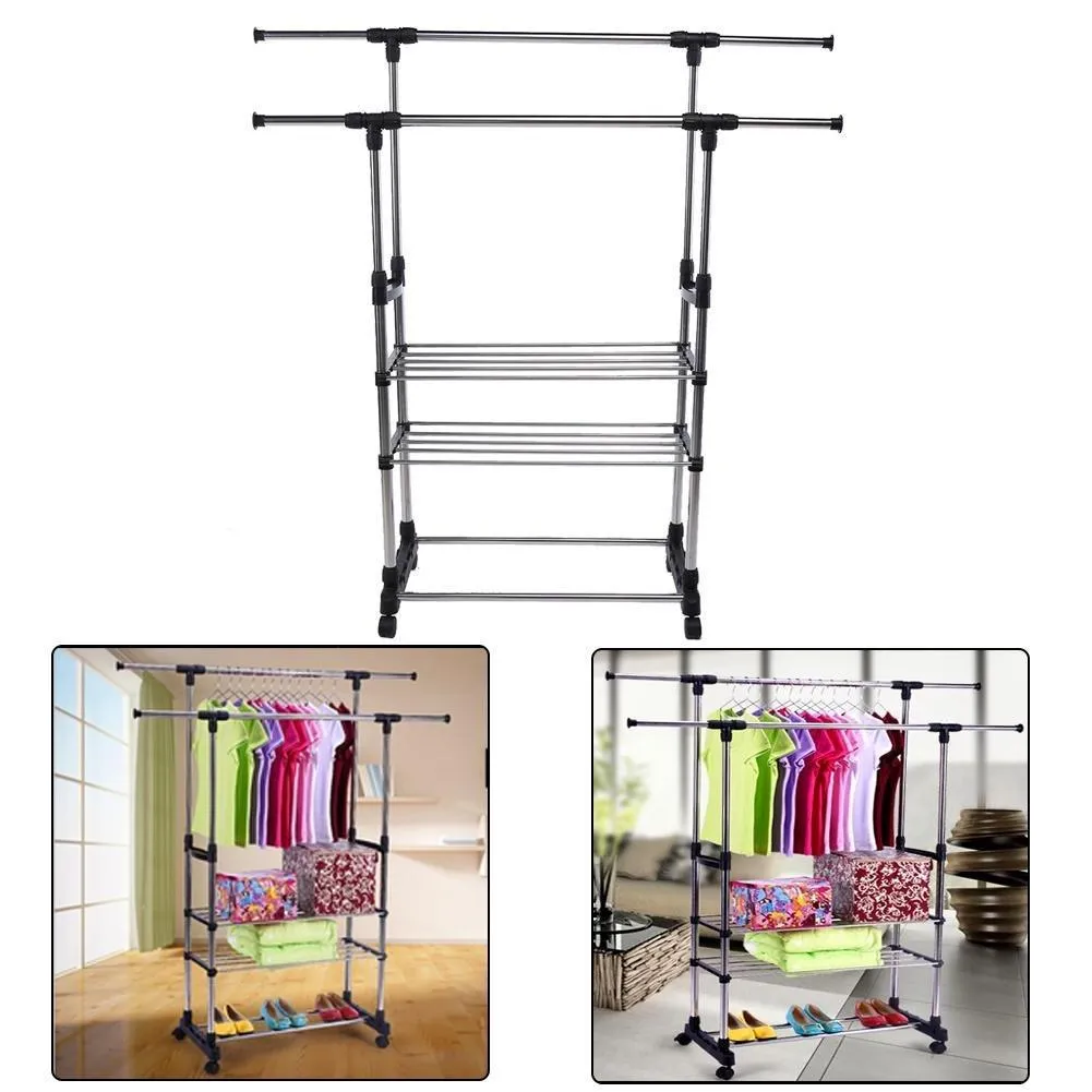 Vipeco Double Garment Rack Clothes Adjustable Portable Hanging Rail by Home Discou