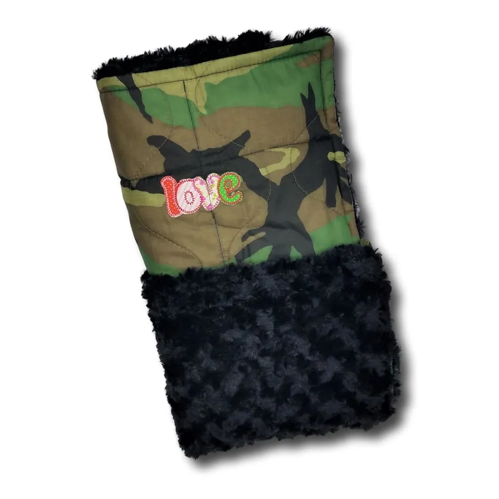 Wee Woobie Weighted Blanket - Woodland Camo with Black Faux Fur Love