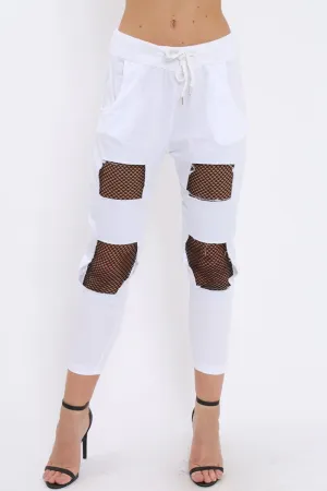 White Fish Net Panel Detail Joggers - Mikaela