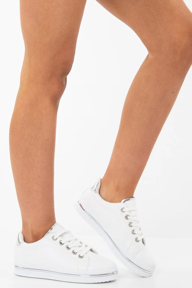 White Lace Up Trainers With Silver Detailing - Sandie