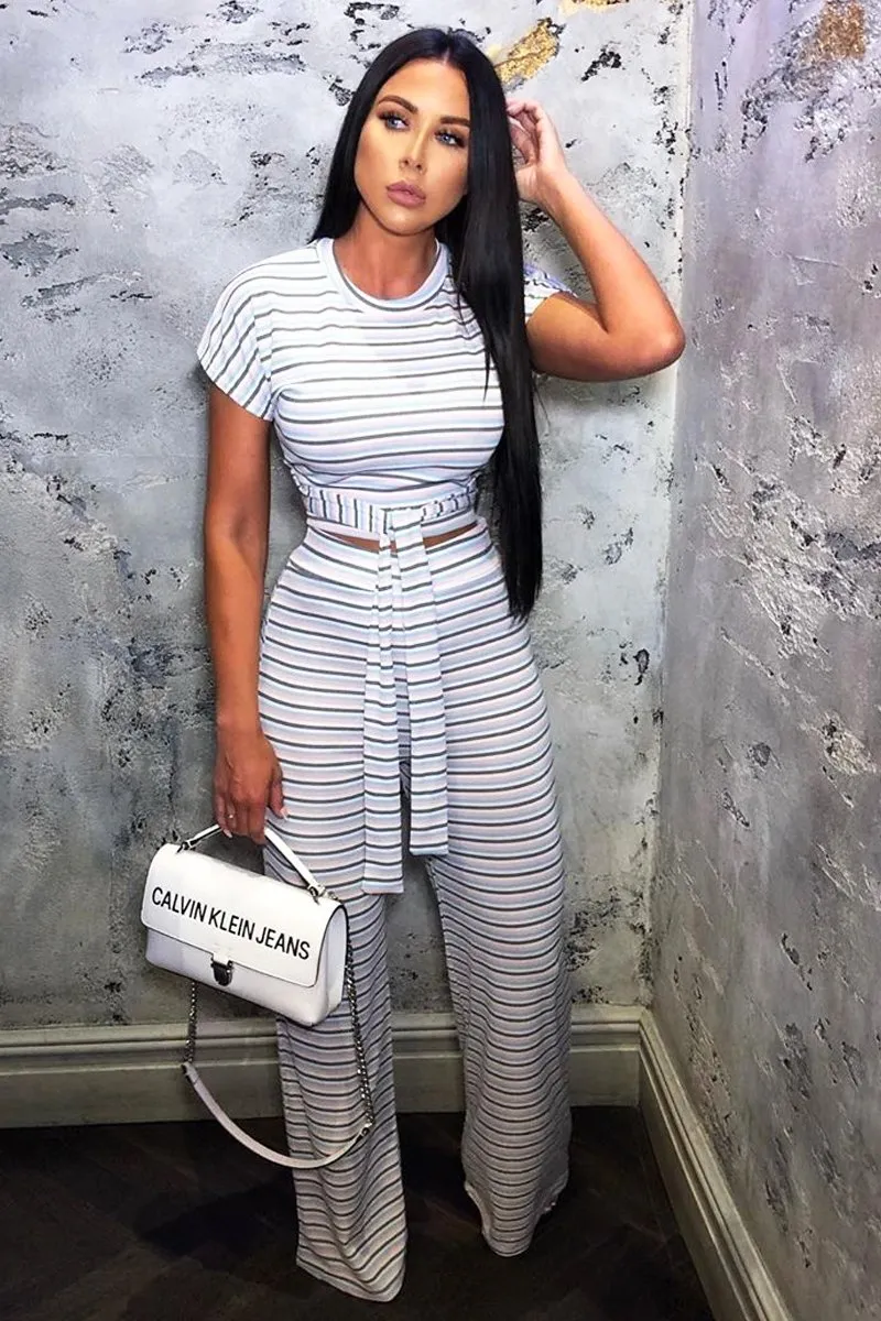 White Stripe Rib Tie Front Top Wide Leg Trouser Co-Ord - Lottie