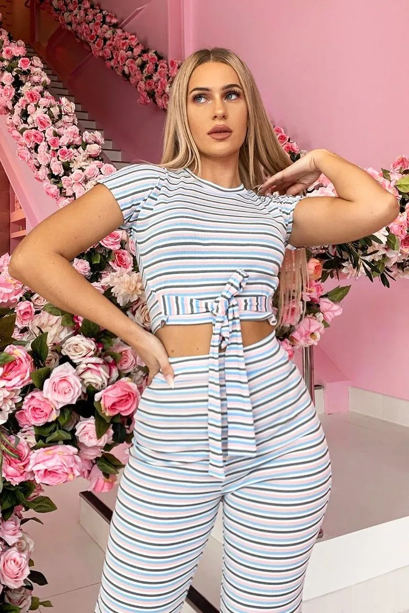 White Stripe Rib Tie Front Top Wide Leg Trouser Co-Ord - Lottie