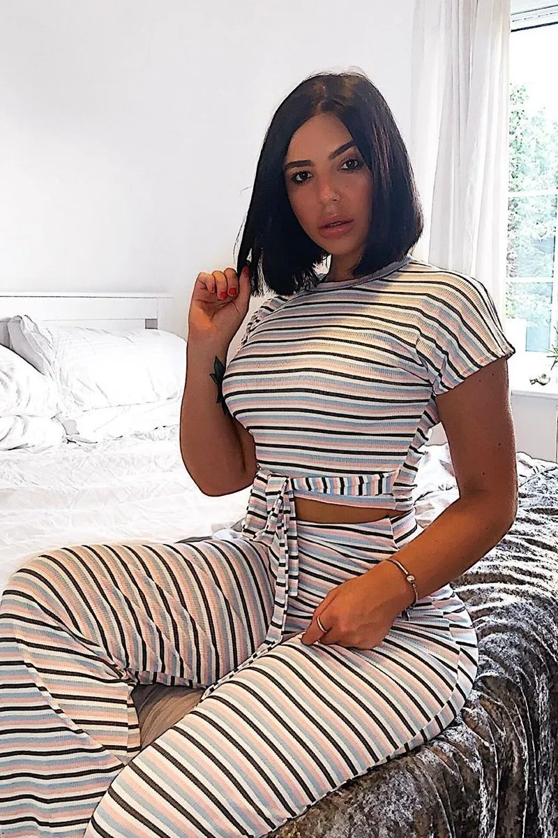 White Stripe Rib Tie Front Top Wide Leg Trouser Co-Ord - Lottie