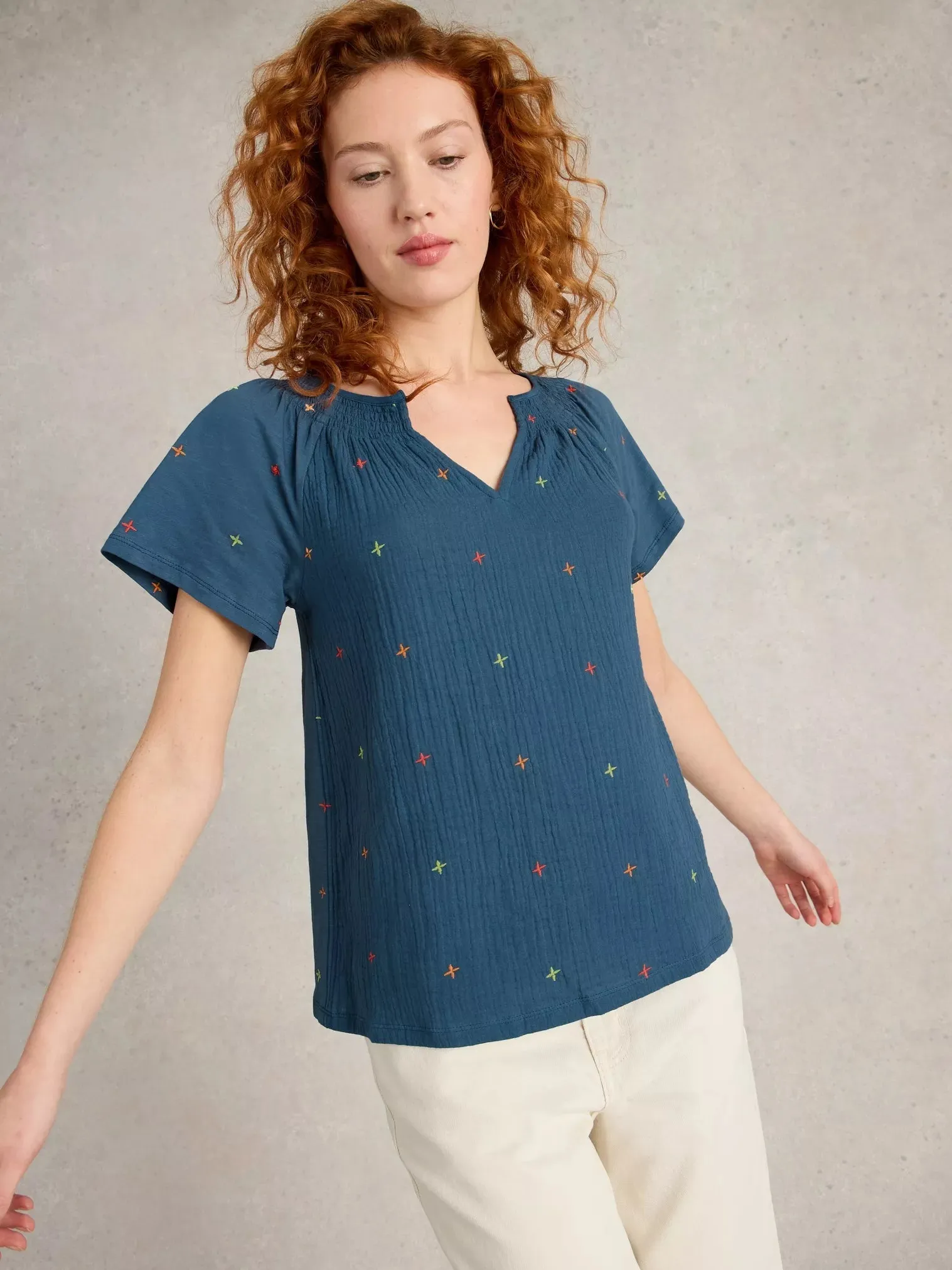 White Stuff Luella Embroidered Top Navy Multi