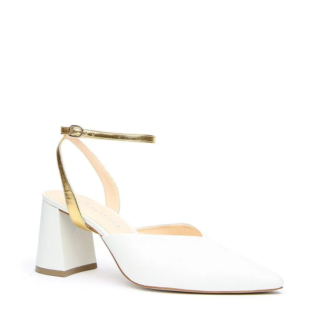 White V Mule   Gold Marilyn Strap