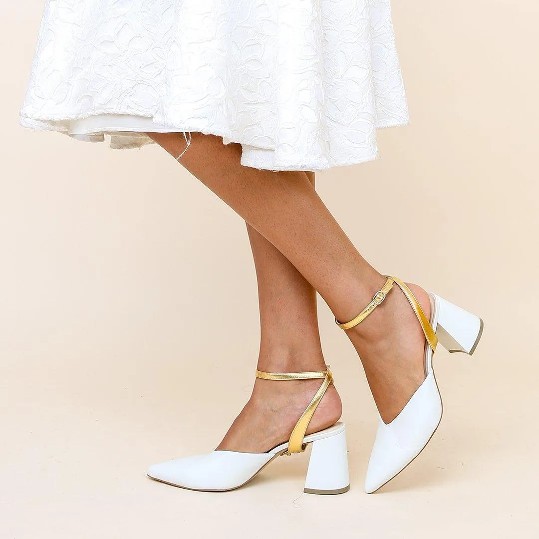 White V Mule   Gold Marilyn Strap