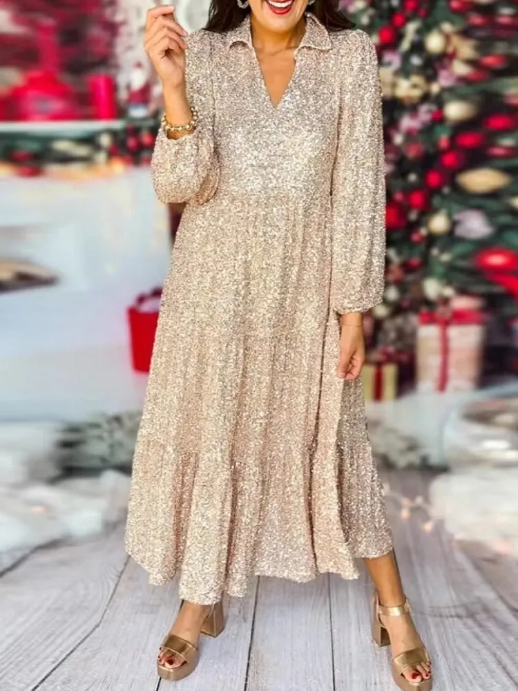 Women Glitter Sequin Deep V Long Dress