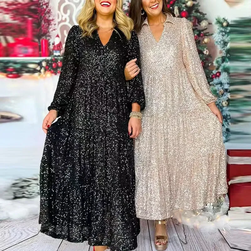 Women Glitter Sequin Deep V Long Dress