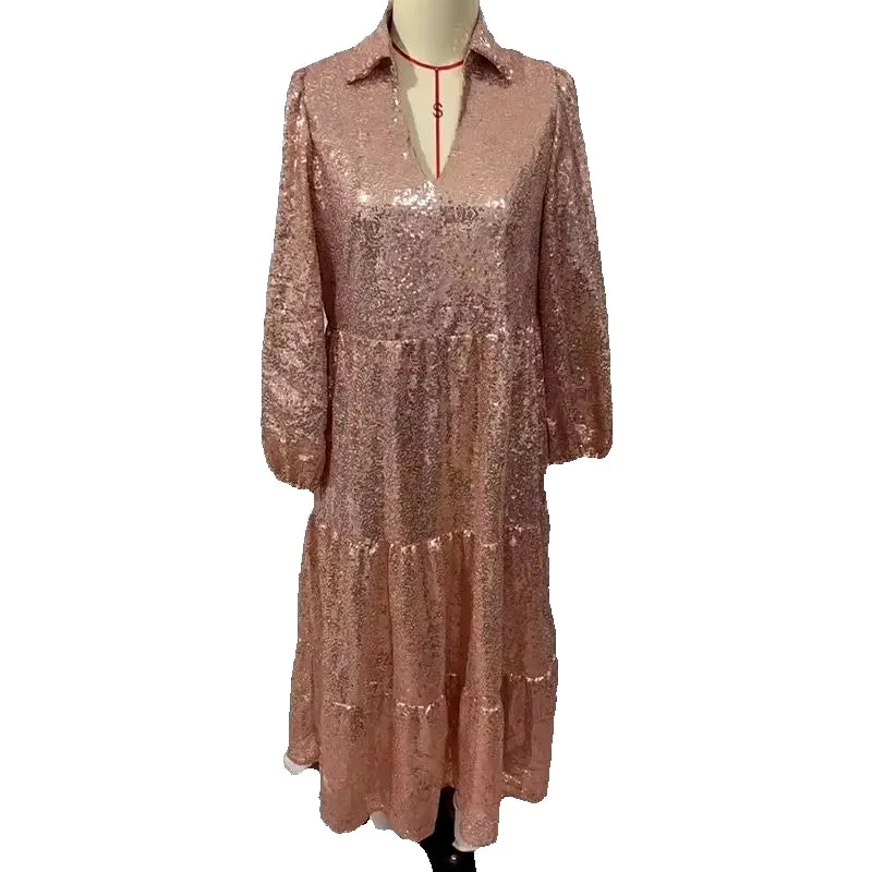 Women Glitter Sequin Deep V Long Dress