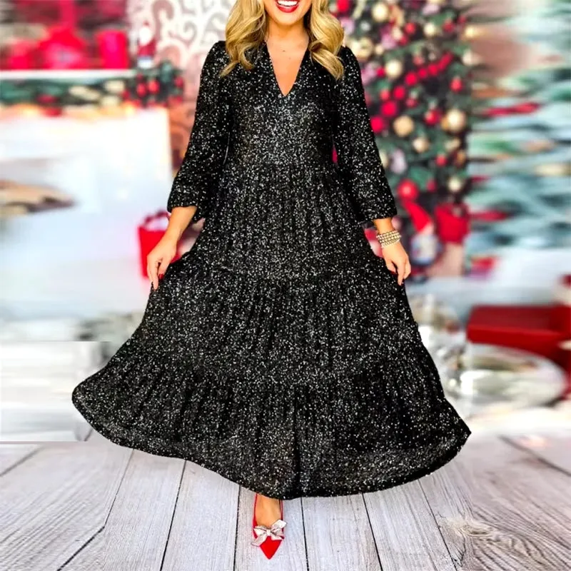 Women Glitter Sequin Deep V Long Dress