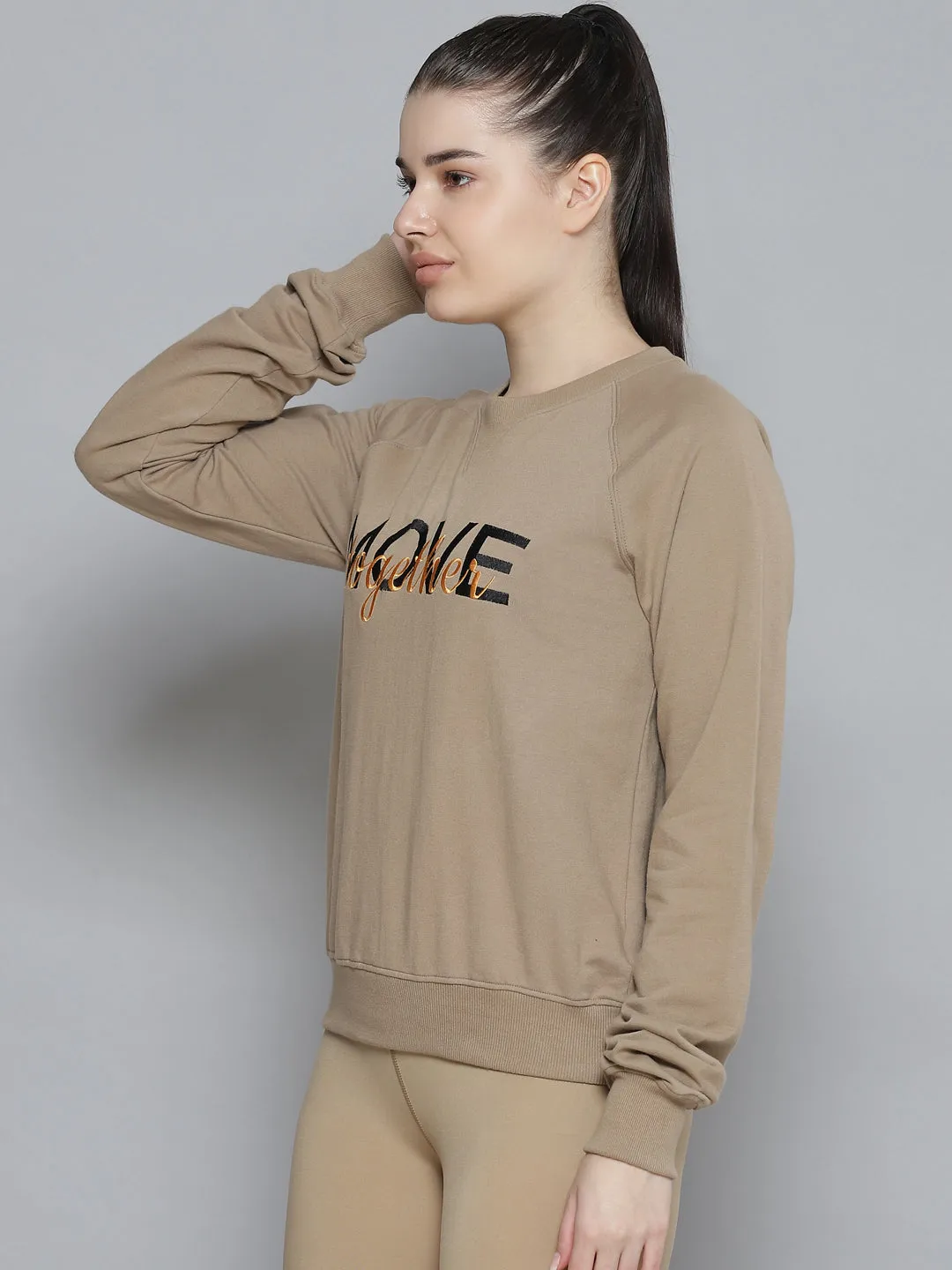 Women's Taupe & Black Printed Pure Cotton Quick Dry Sweatshirt