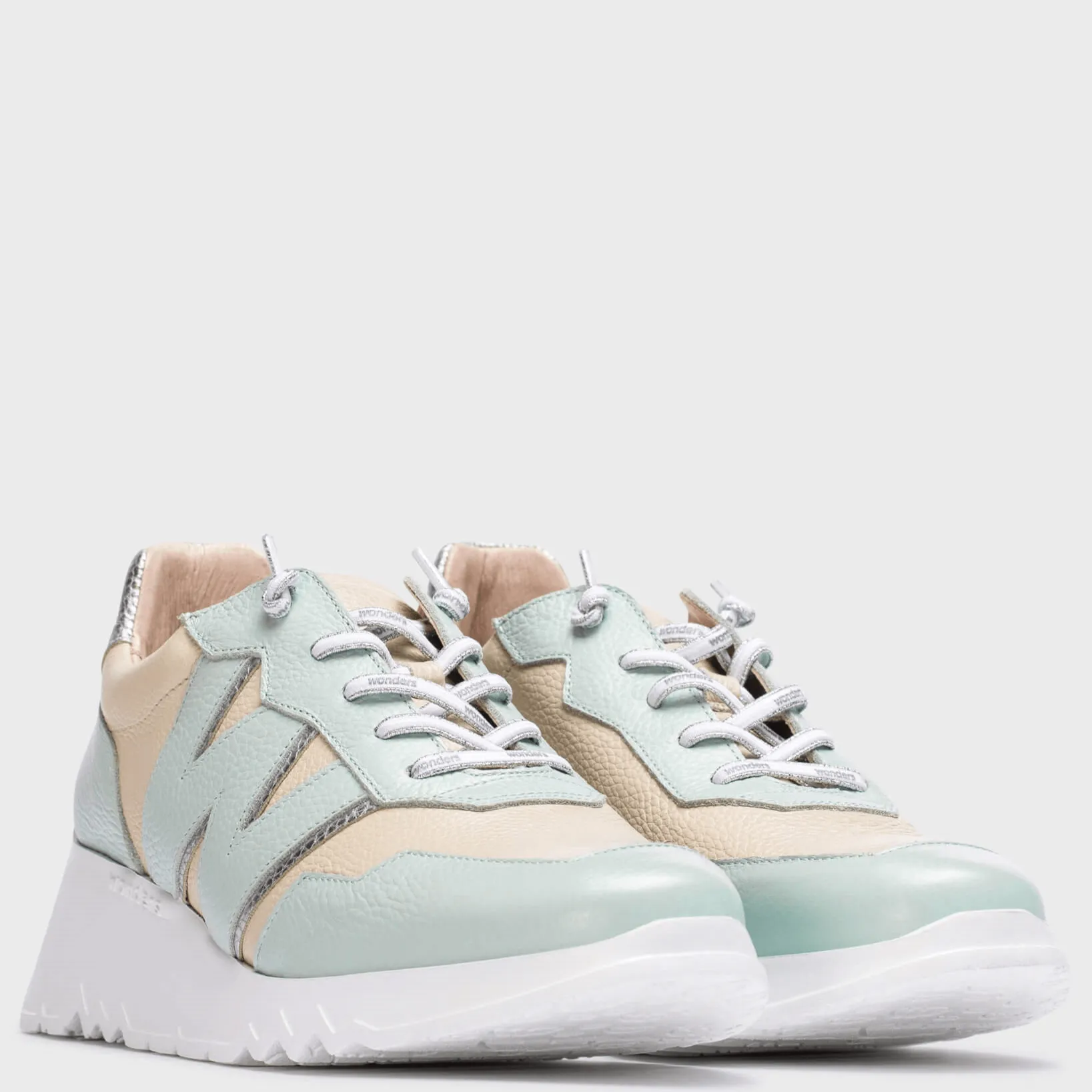 Wonders Powder Blue & Putty Leather Raised Sole Sneakers
