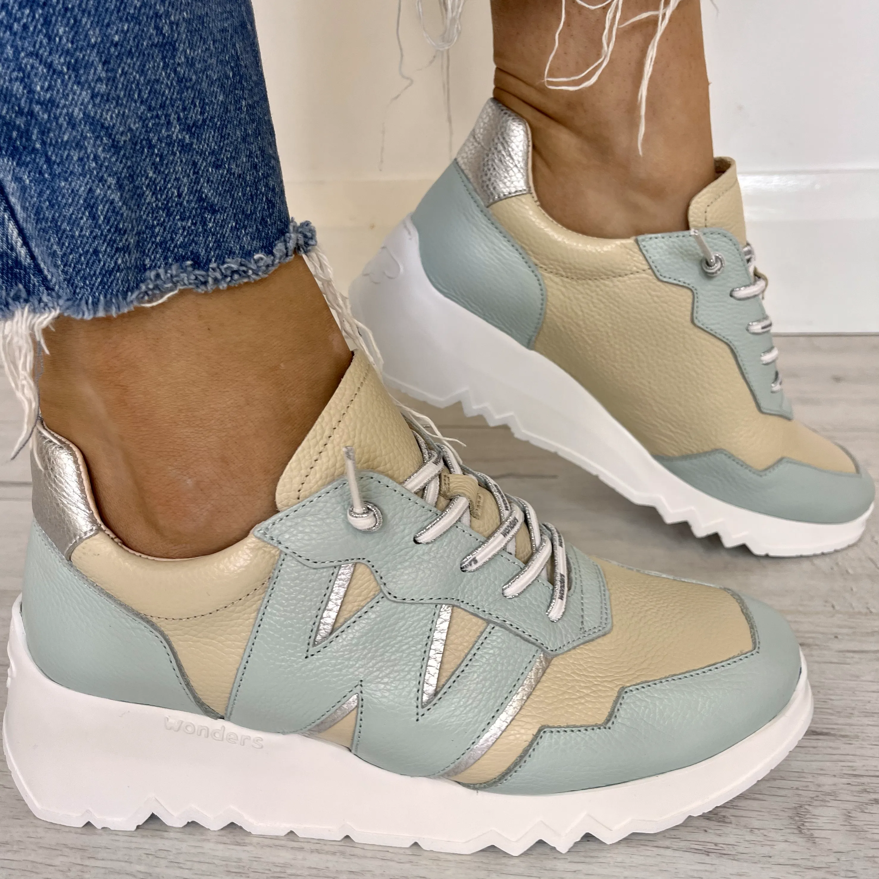 Wonders Powder Blue & Putty Leather Raised Sole Sneakers