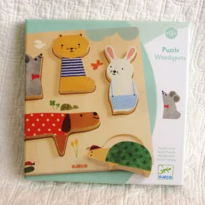 Wooden Puzzle — "Woody Pets" by Djeco, French Style, Ages 12 mo. 