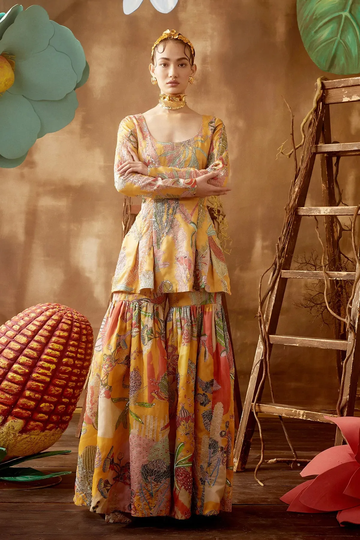 Yellow Pastiche Satin Organza Printed And Embellished Sharara Set With Dupatta
